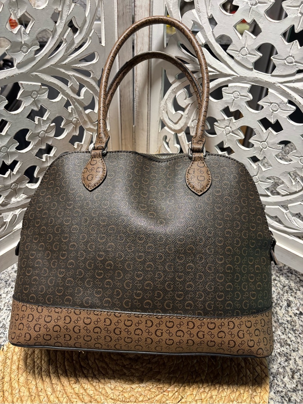 GUESS Brown Two-Tone Logo Satchel - Picture 4 of 14